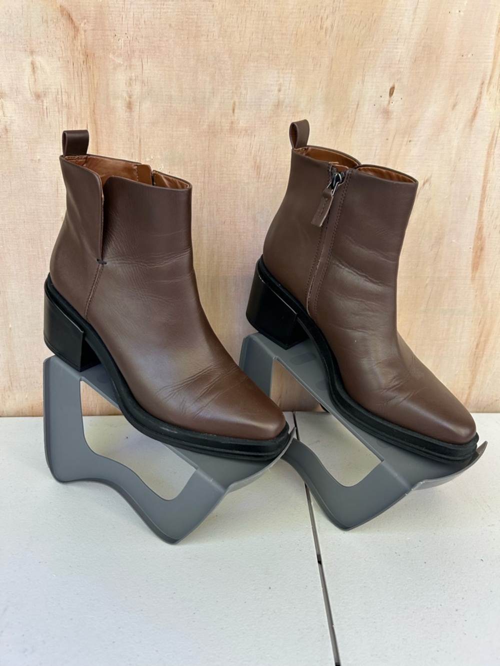 Franco Sarto Brown Leather Ankle Boots with Block Heel